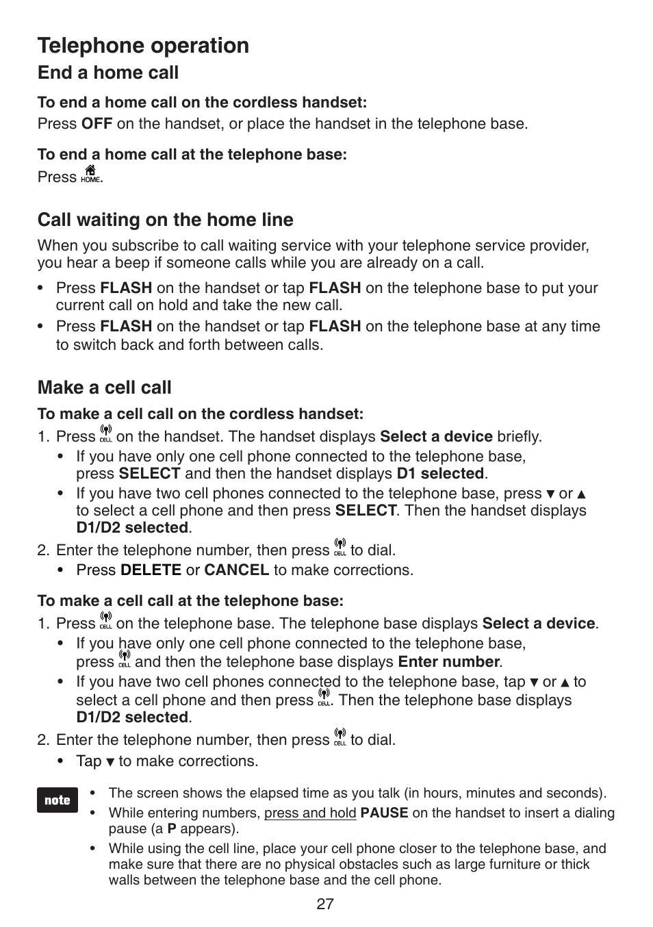 Temporary tone dialing, Mute, Flash | Telephone operation, End a home call, Call waiting on the home line, Make a cell call | VTech LS6191_-13-15-16-17 Manual User Manual | Page 31 / 94