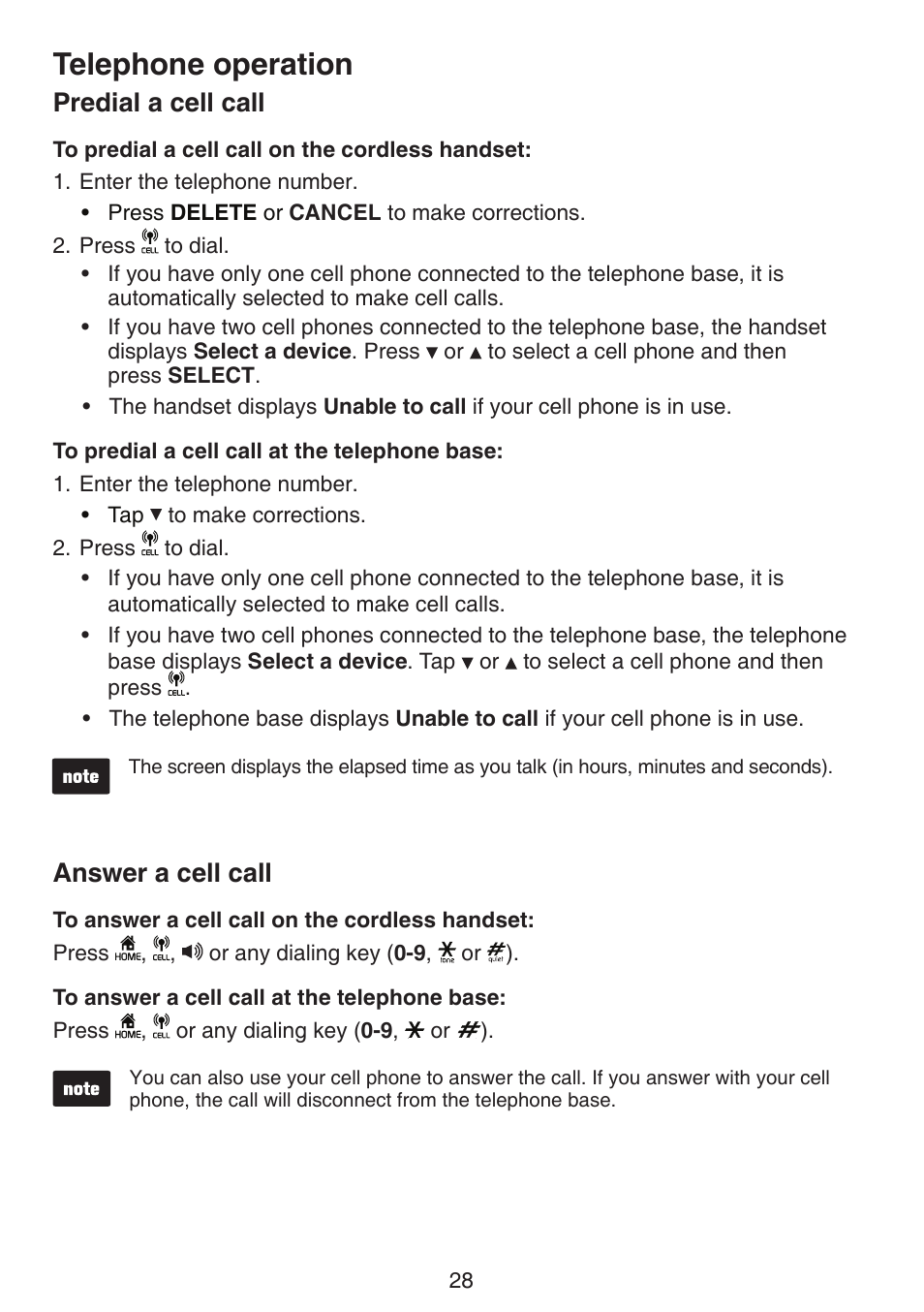 Predial a cell call answer a cell call, Telephone operation, Predial a cell call | Answer a cell call | VTech LS6191_-13-15-16-17 Manual User Manual | Page 32 / 94