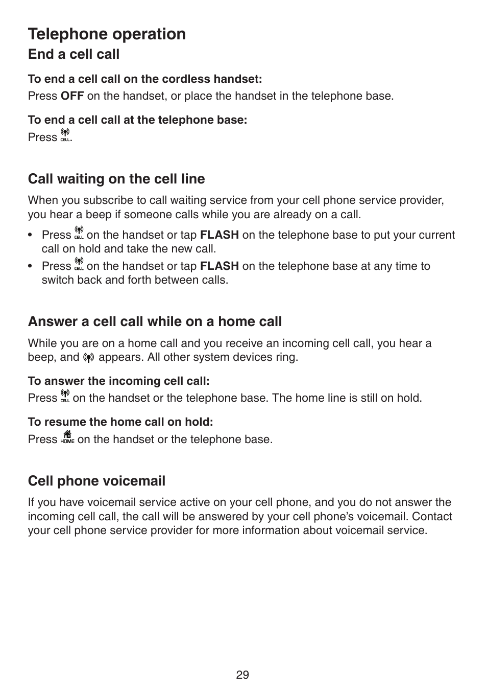 Storing a number in a one-touch location, Memory overview, A home call | Cell phone voicemail, Telephone operation, End a cell call, Call waiting on the cell line, Answer a cell call while on a home call | VTech LS6191_-13-15-16-17 Manual User Manual | Page 33 / 94