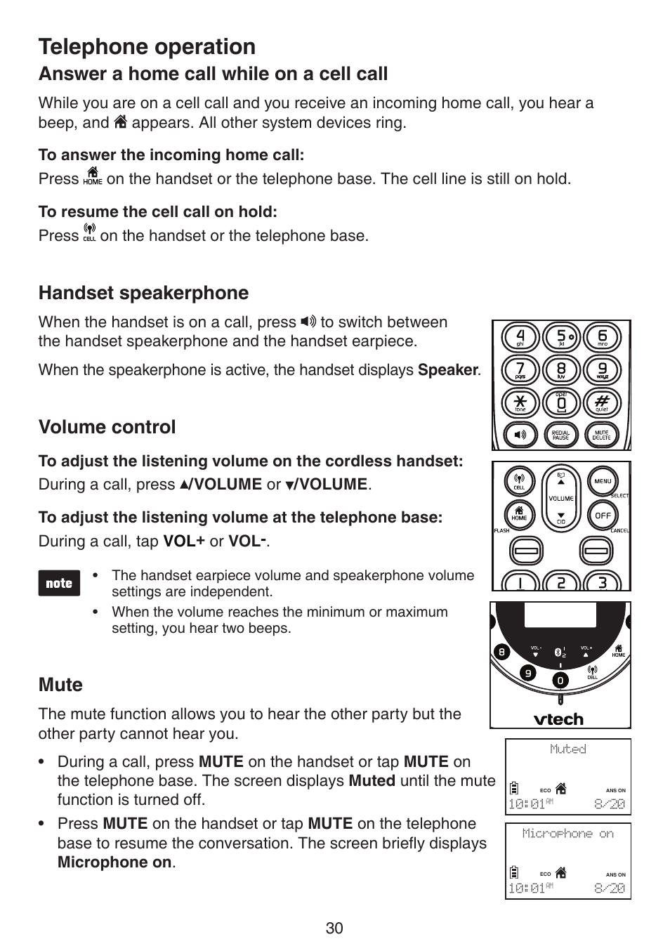 Answer a home call while on, A cell call, Handset speakerphone volume control mute | Telephone operation, Answer a home call while on a cell call, Handset speakerphone, Volume control, Mute | VTech LS6191_-13-15-16-17 Manual User Manual | Page 34 / 94