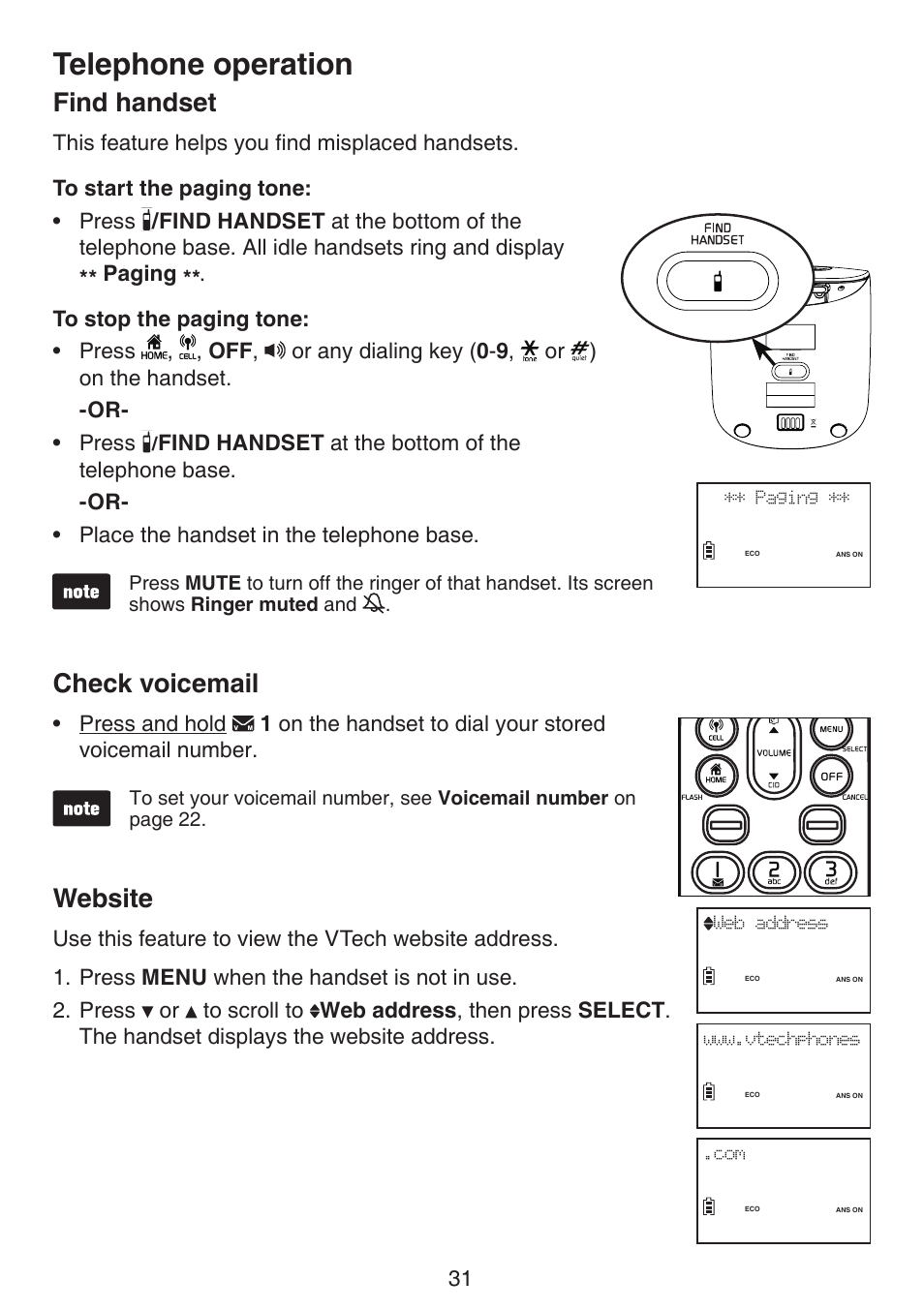 Find handset check voicemail website, Telephone operation, Find handset | Check voicemail, Website | VTech LS6191_-13-15-16-17 Manual User Manual | Page 35 / 94