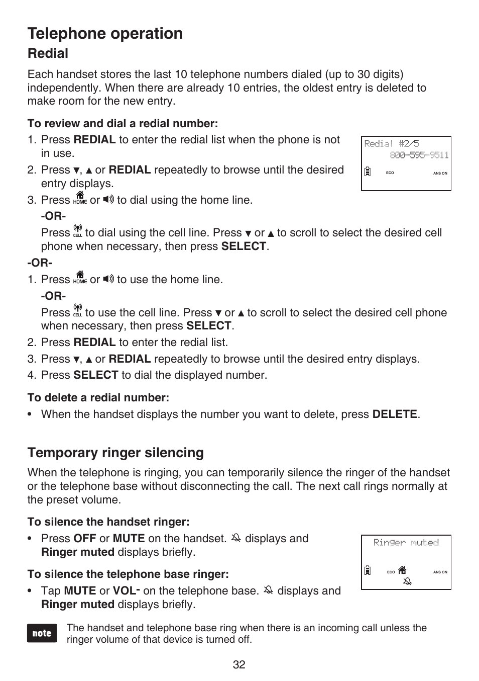 Redial temporary ringer silencing, Telephone operation, Redial | Temporary ringer silencing | VTech LS6191_-13-15-16-17 Manual User Manual | Page 36 / 94