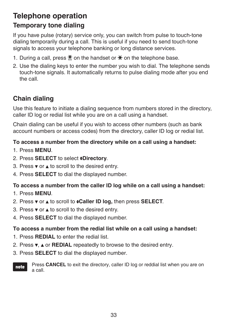 Temporary tone dialing chain dialing, Telephone operation, Temporary tone dialing | Chain dialing | VTech LS6191_-13-15-16-17 Manual User Manual | Page 37 / 94