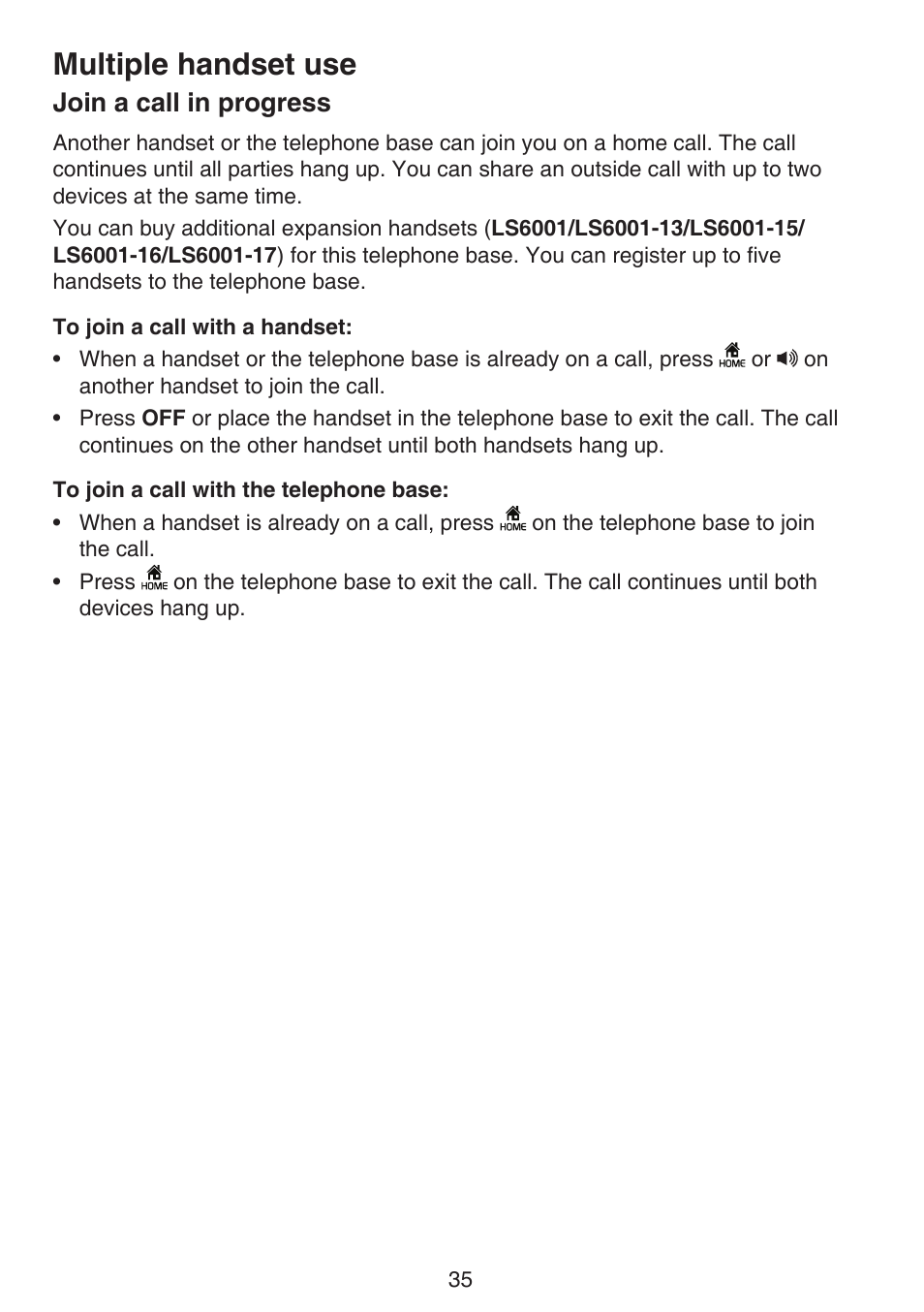 Multiple handset use join a call in progress, Multiple handset use, Join a call in progress | VTech LS6191_-13-15-16-17 Manual User Manual | Page 39 / 94