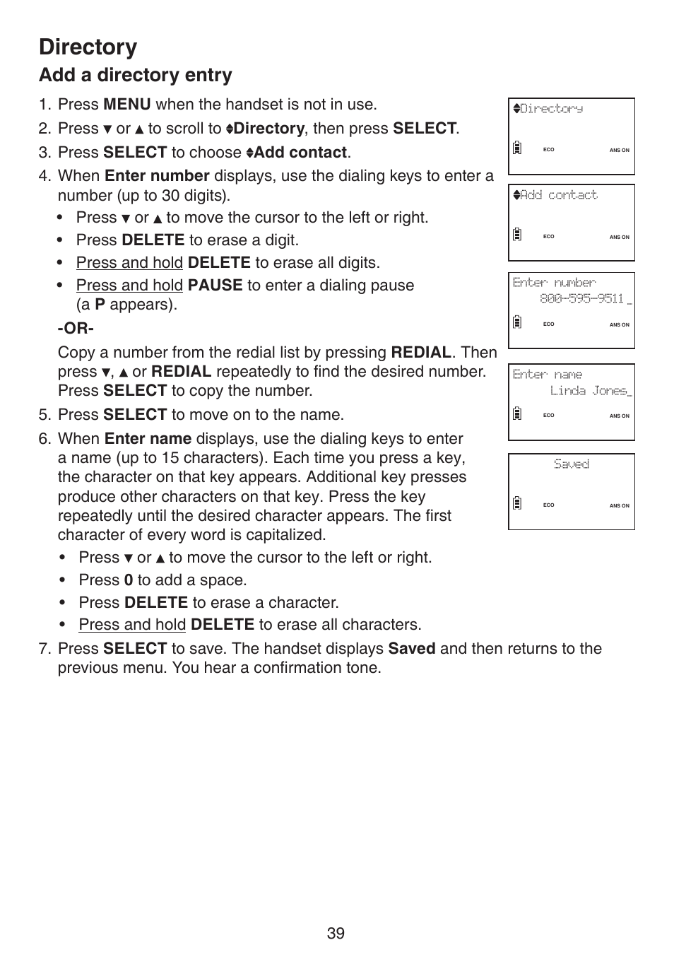 Add a directory entry, Directory | VTech LS6191_-13-15-16-17 Manual User Manual | Page 43 / 94