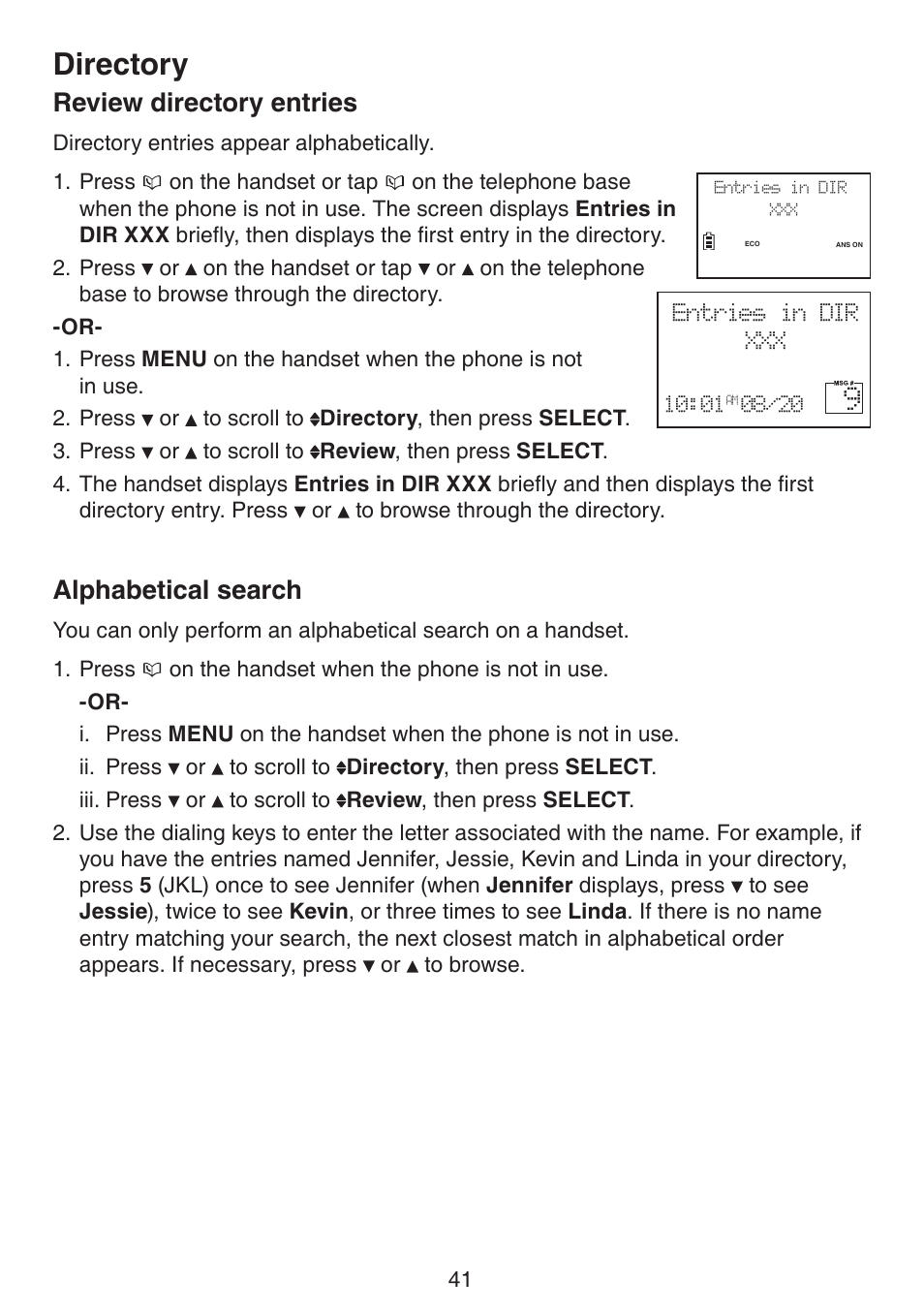 Review directory entries alphabetical search, Directory, Review directory entries | Alphabetical search | VTech LS6191_-13-15-16-17 Manual User Manual | Page 45 / 94