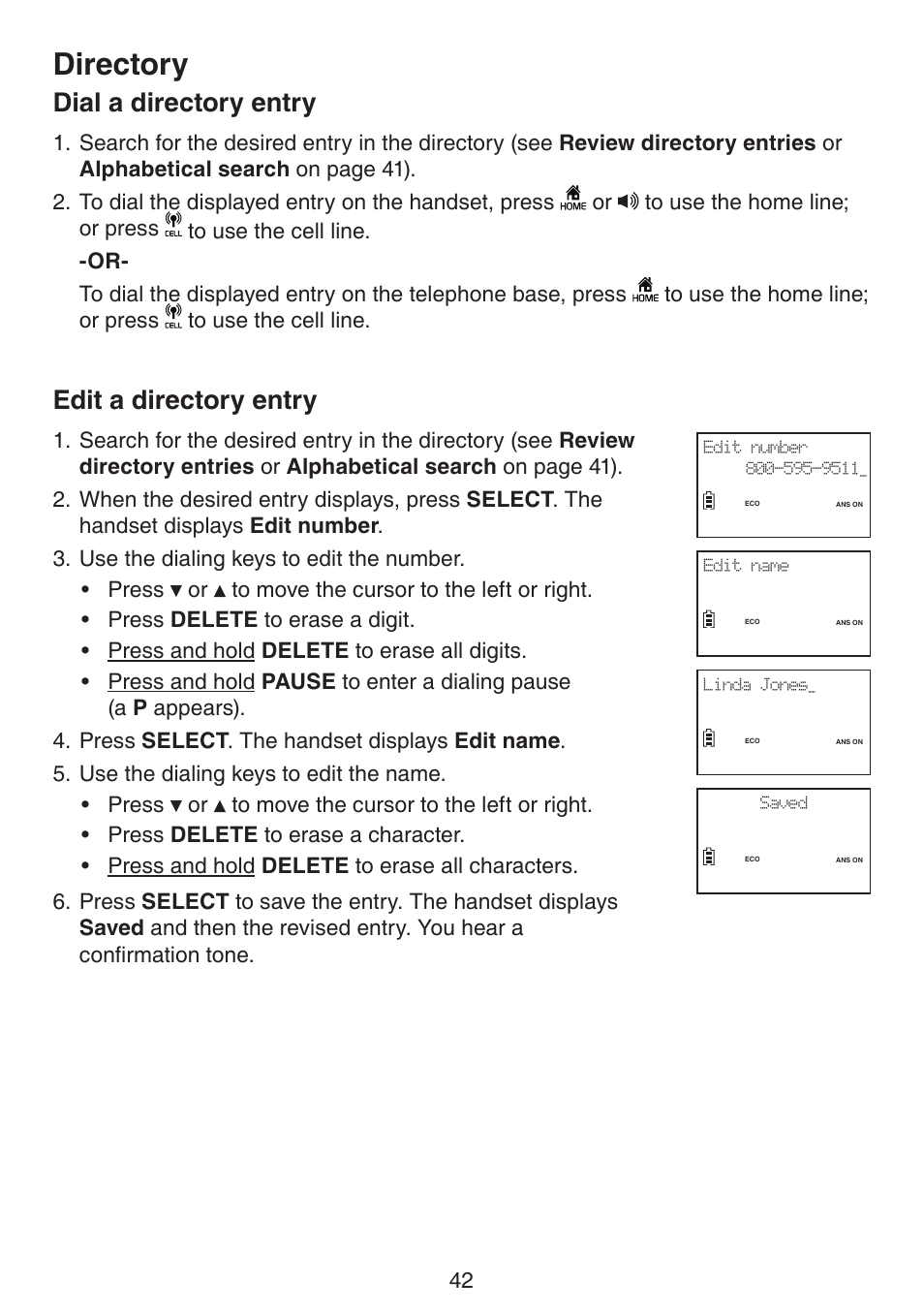 Dial a directory entry edit a directory entry, Directory, Dial a directory entry | Edit a directory entry | VTech LS6191_-13-15-16-17 Manual User Manual | Page 46 / 94