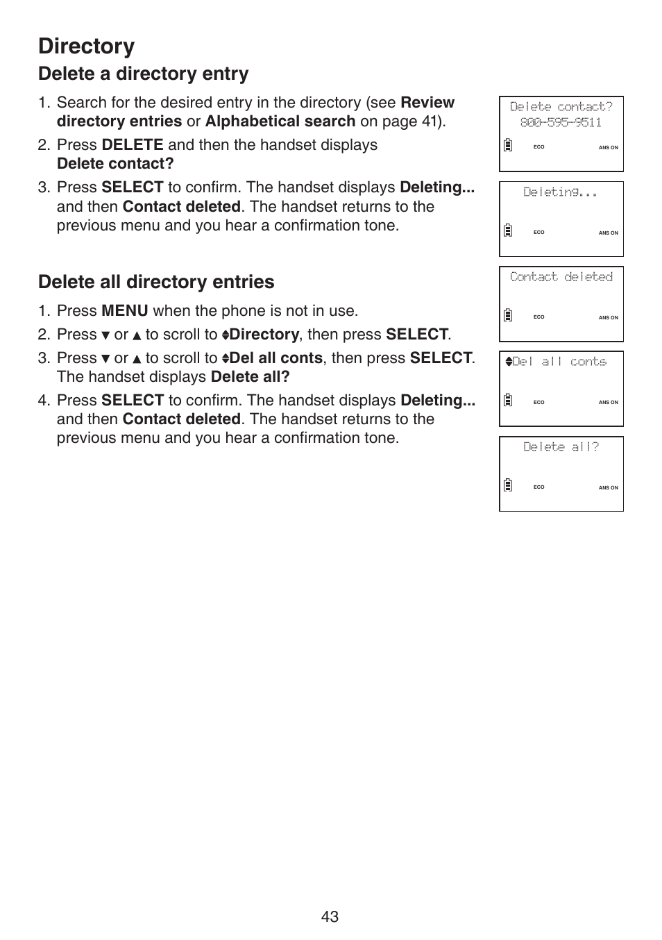 Directory, Delete a directory entry, Delete all directory entries | VTech LS6191_-13-15-16-17 Manual User Manual | Page 47 / 94