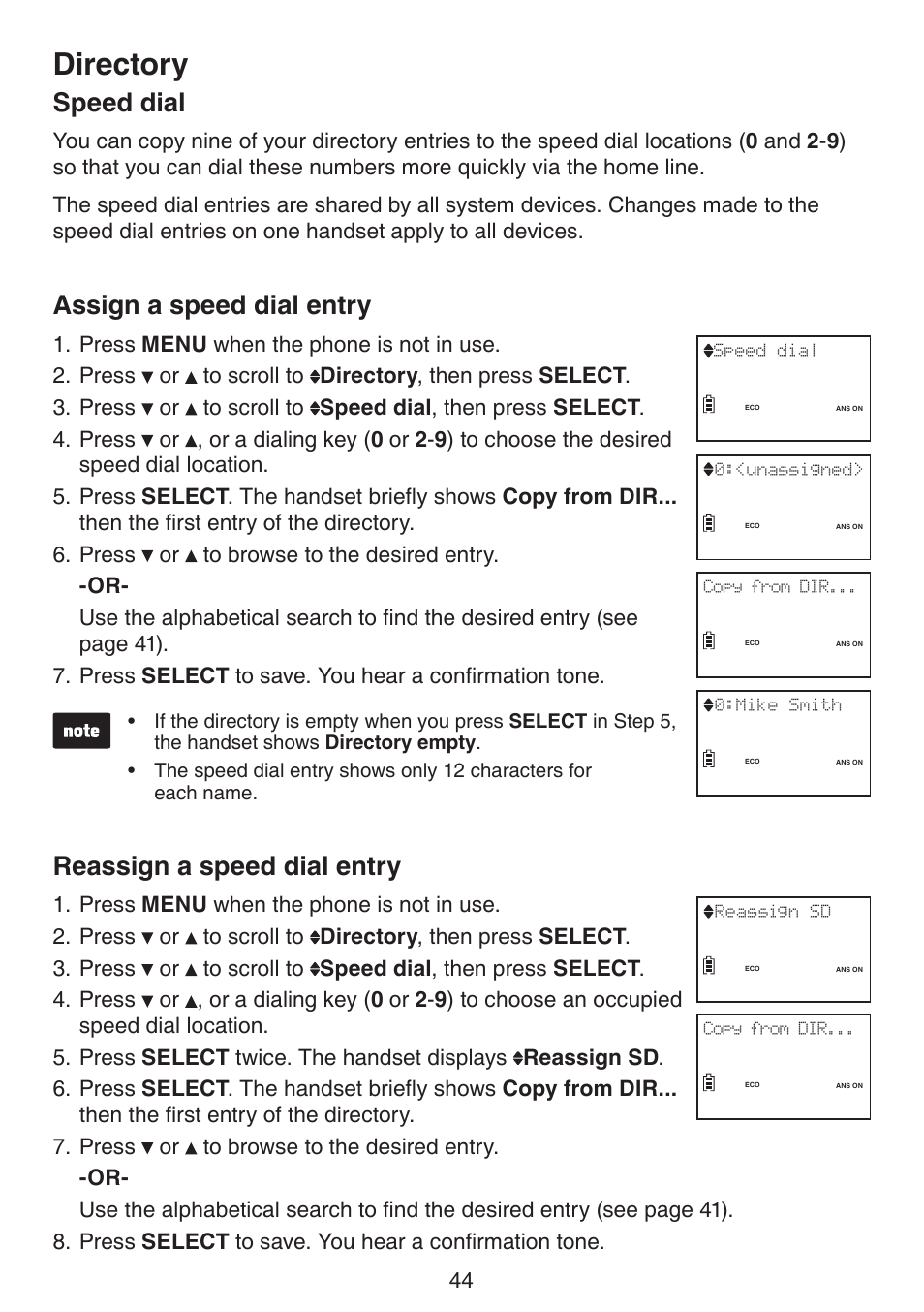 Speed dial, Directory, Assign a speed dial entry | Reassign a speed dial entry | VTech LS6191_-13-15-16-17 Manual User Manual | Page 48 / 94