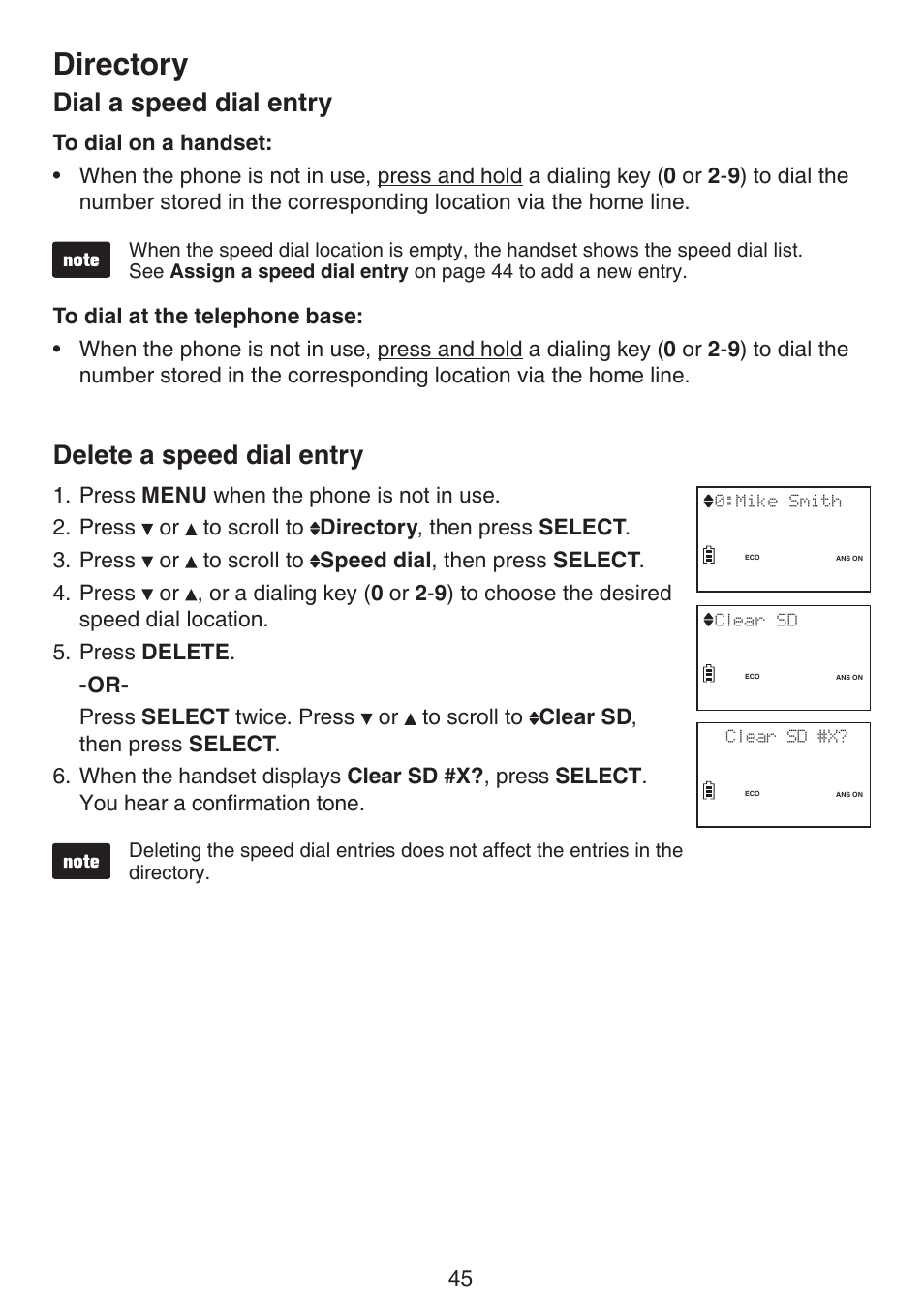 Dial a speed dial entry delete a speed dial entry, Directory, Dial a speed dial entry | Delete a speed dial entry | VTech LS6191_-13-15-16-17 Manual User Manual | Page 49 / 94