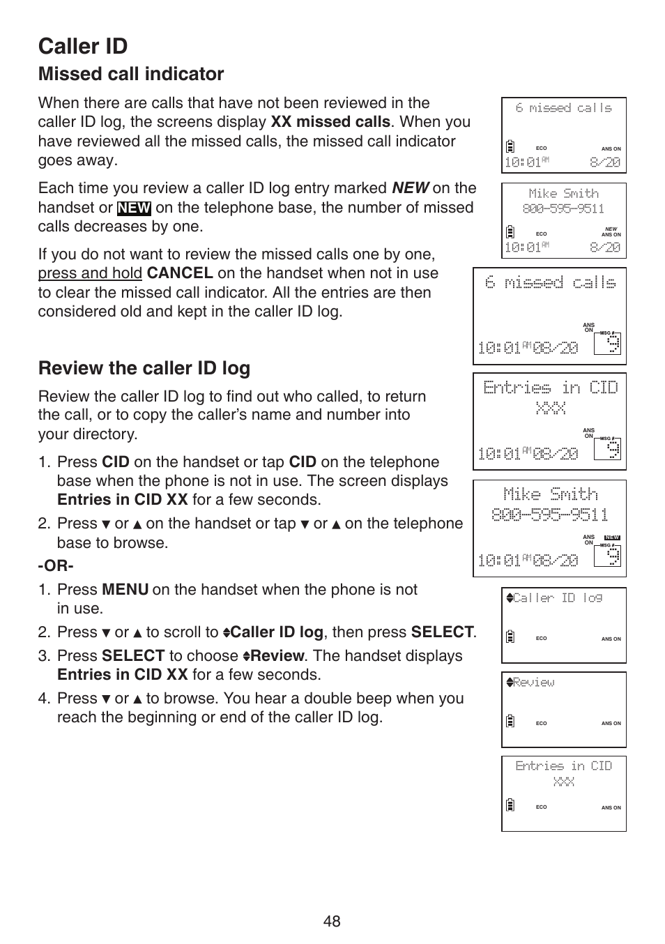 Storing a call history record into directory, Missed call indicator review the caller id log, Caller id | Missed call indicator, Review the caller id log | VTech LS6191_-13-15-16-17 Manual User Manual | Page 52 / 94