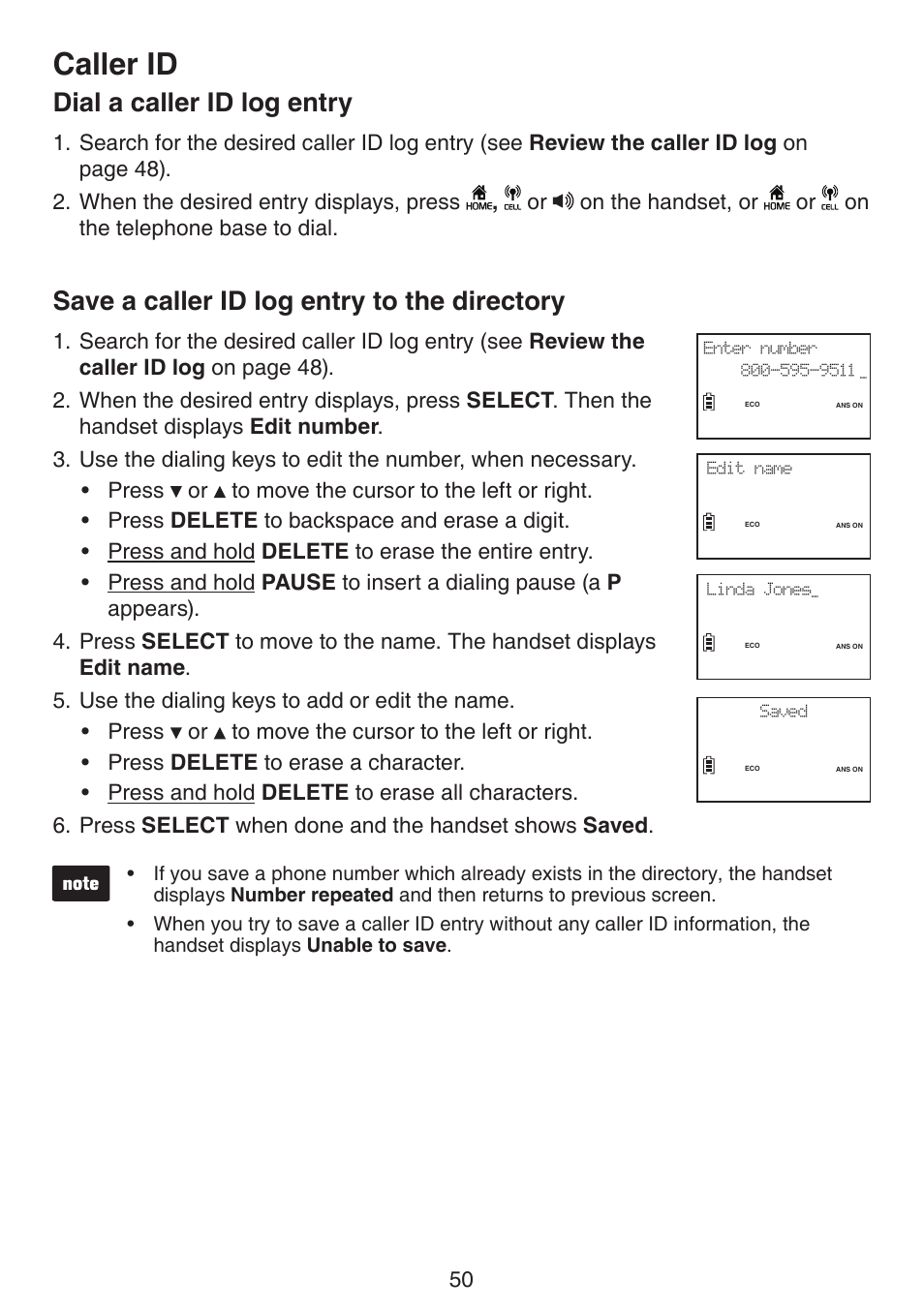 The directory, Caller id, Dial a caller id log entry | Save a caller id log entry to the directory | VTech LS6191_-13-15-16-17 Manual User Manual | Page 54 / 94