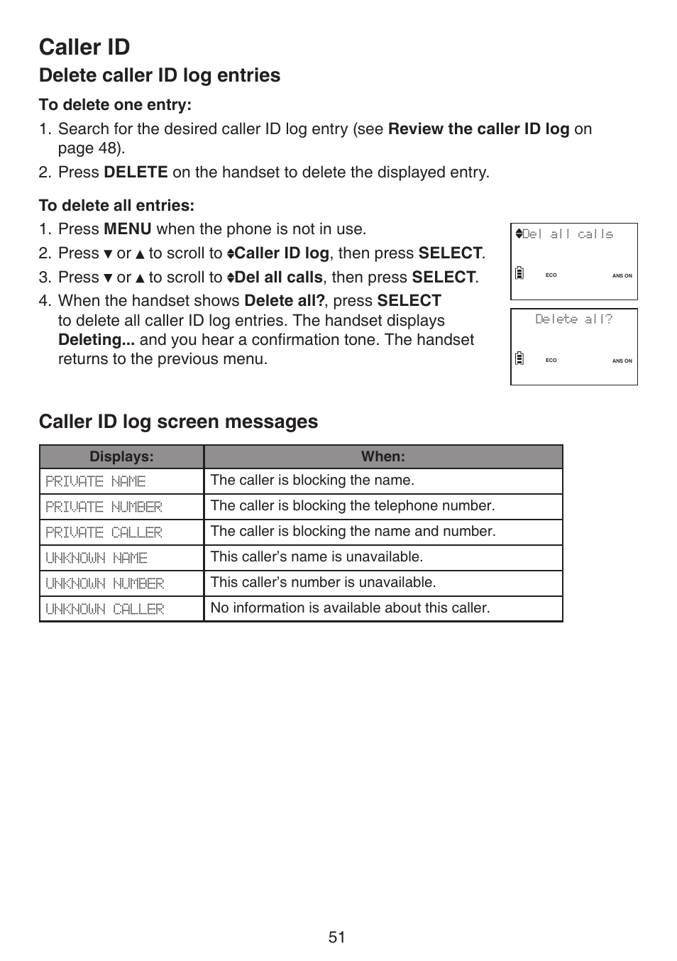 Caller id, Delete caller id log entries, Caller id log screen messages | VTech LS6191_-13-15-16-17 Manual User Manual | Page 55 / 94