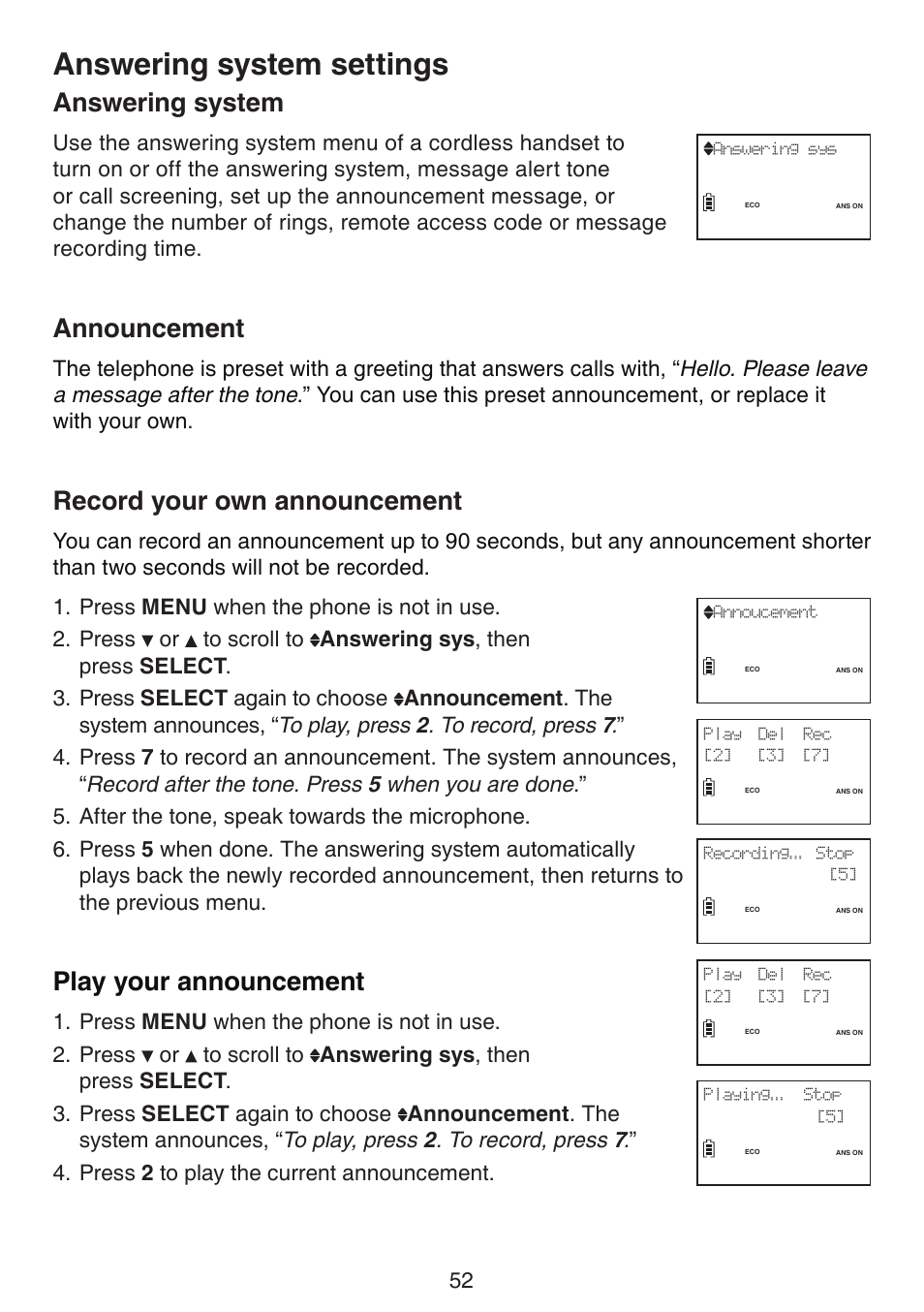 Answering system settings, Answering system, Announcement | Record your own announcement, Play your announcement | VTech LS6191_-13-15-16-17 Manual User Manual | Page 56 / 94