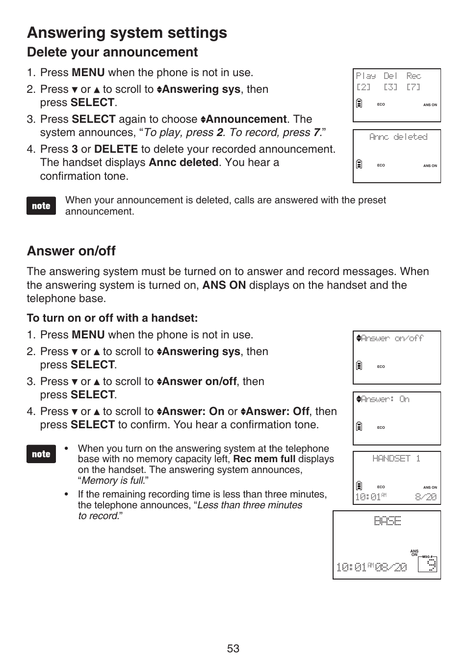 Delete your announcement answer on/off, Answering system settings, Delete your announcement | Answer on/off | VTech LS6191_-13-15-16-17 Manual User Manual | Page 57 / 94