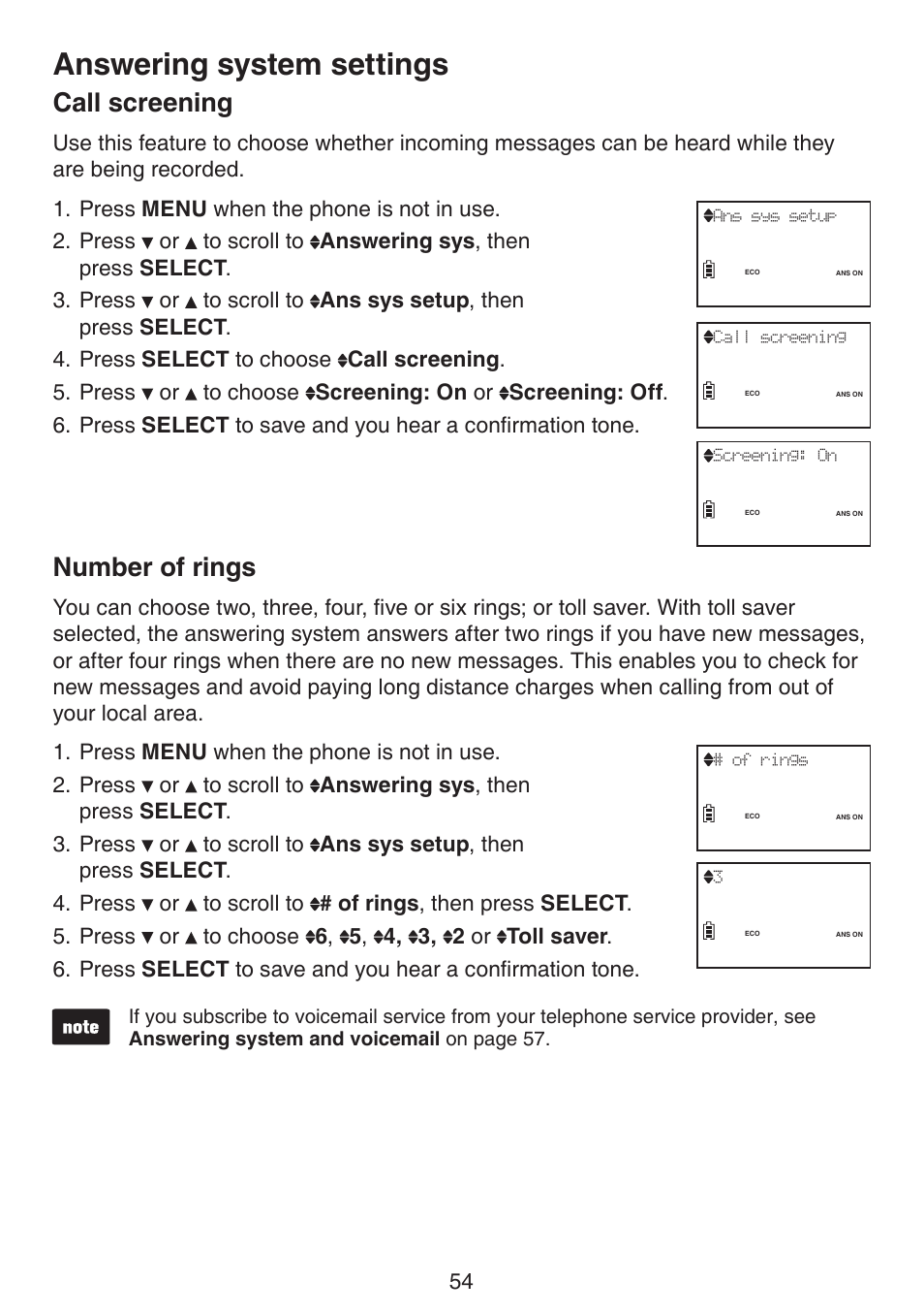 Call screening number of rings, Answering system settings, Call screening | Number of rings | VTech LS6191_-13-15-16-17 Manual User Manual | Page 58 / 94