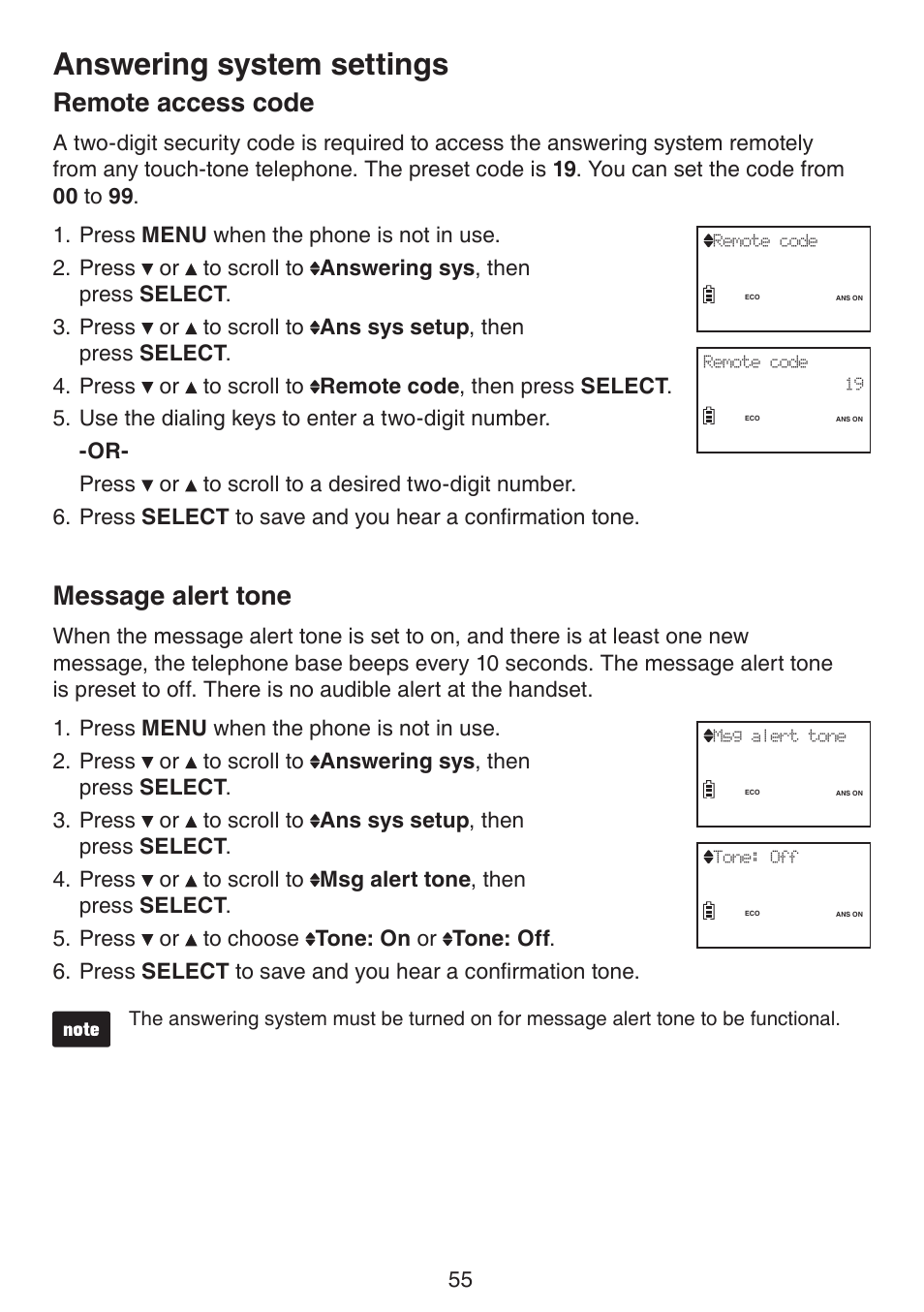 Remote access code message alert tone, Answering system settings, Remote access code | Message alert tone | VTech LS6191_-13-15-16-17 Manual User Manual | Page 59 / 94