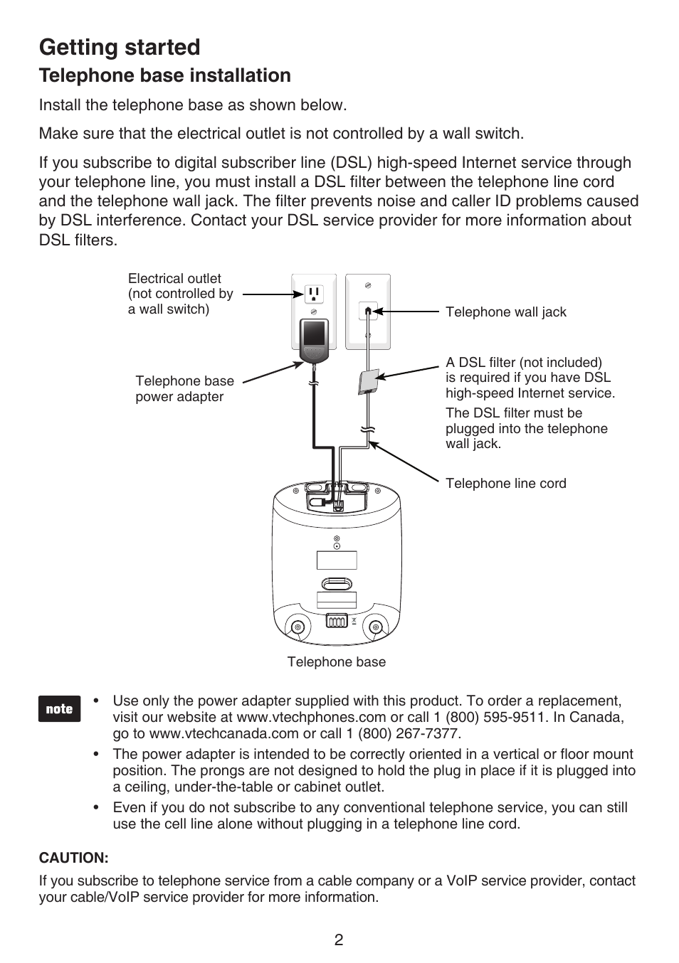 Telephone installation, Telephone base installation, Getting started | VTech LS6191_-13-15-16-17 Manual User Manual | Page 6 / 94