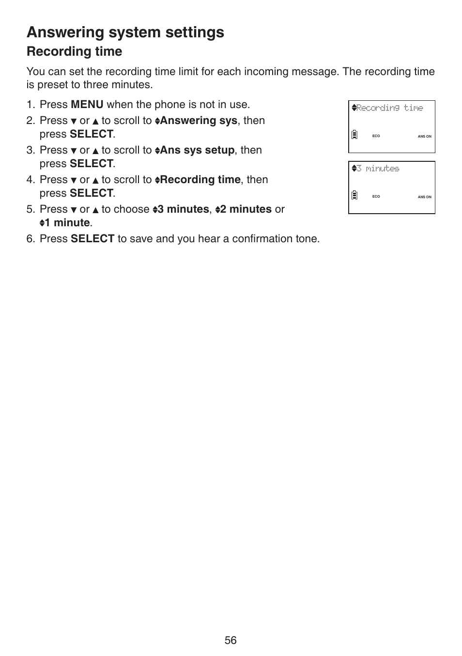 Recording time, Answering system settings | VTech LS6191_-13-15-16-17 Manual User Manual | Page 60 / 94