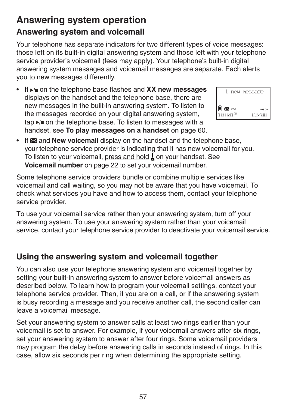 Answering system operation answering system and, Voicemail, Using the answering system | And voicemail together, Answering system operation, Answering system and voicemail, Using the answering system and voicemail together | VTech LS6191_-13-15-16-17 Manual User Manual | Page 61 / 94