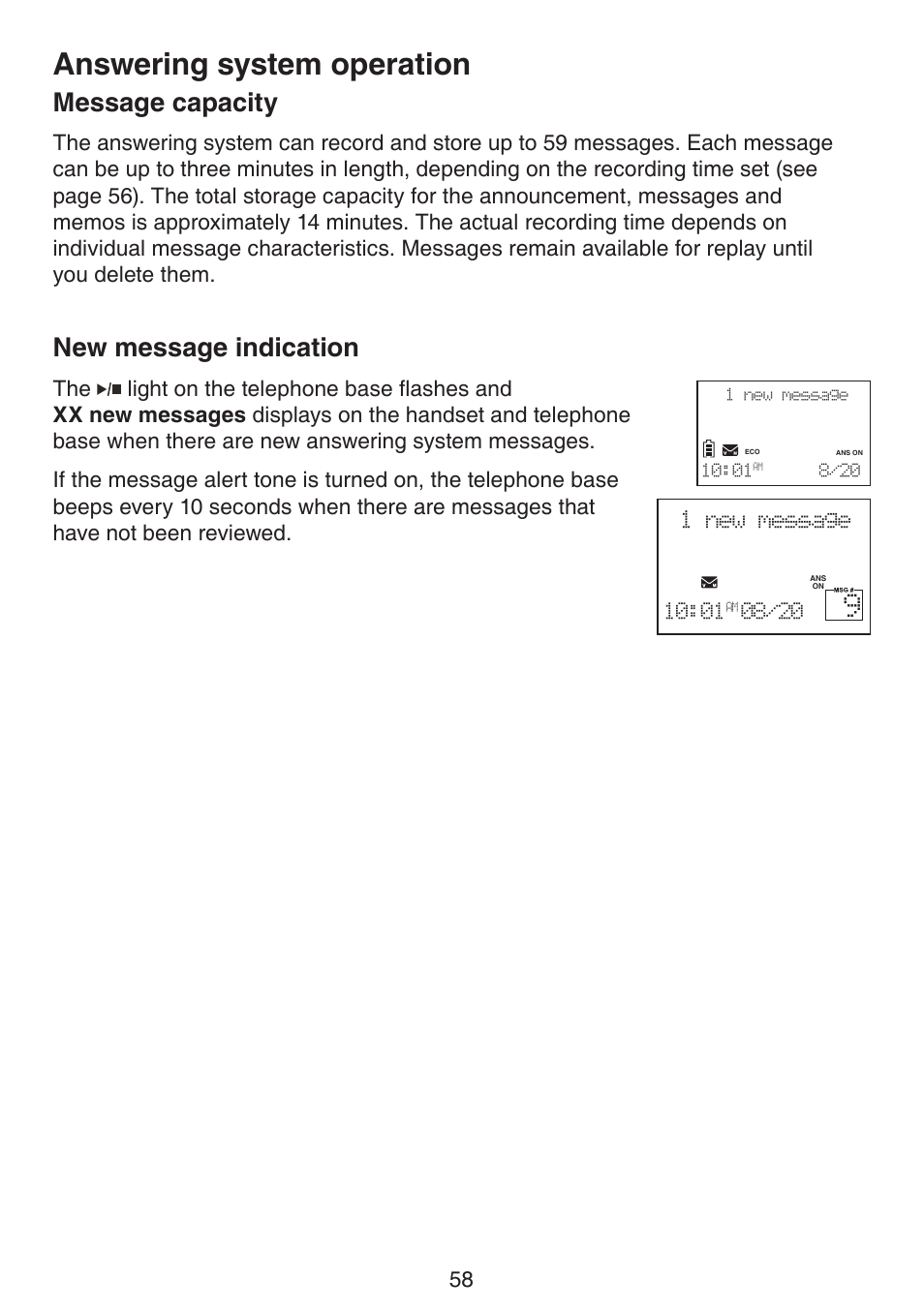 Message capacity new message indication, Answering system operation, Message capacity | New message indication | VTech LS6191_-13-15-16-17 Manual User Manual | Page 62 / 94