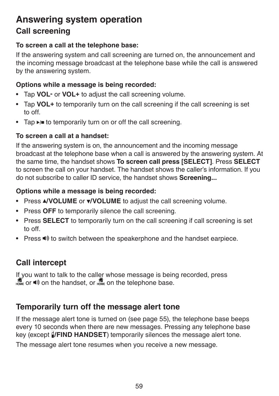 Message alert tone, Answering system operation, Call screening | Call intercept, Temporarily turn off the message alert tone | VTech LS6191_-13-15-16-17 Manual User Manual | Page 63 / 94