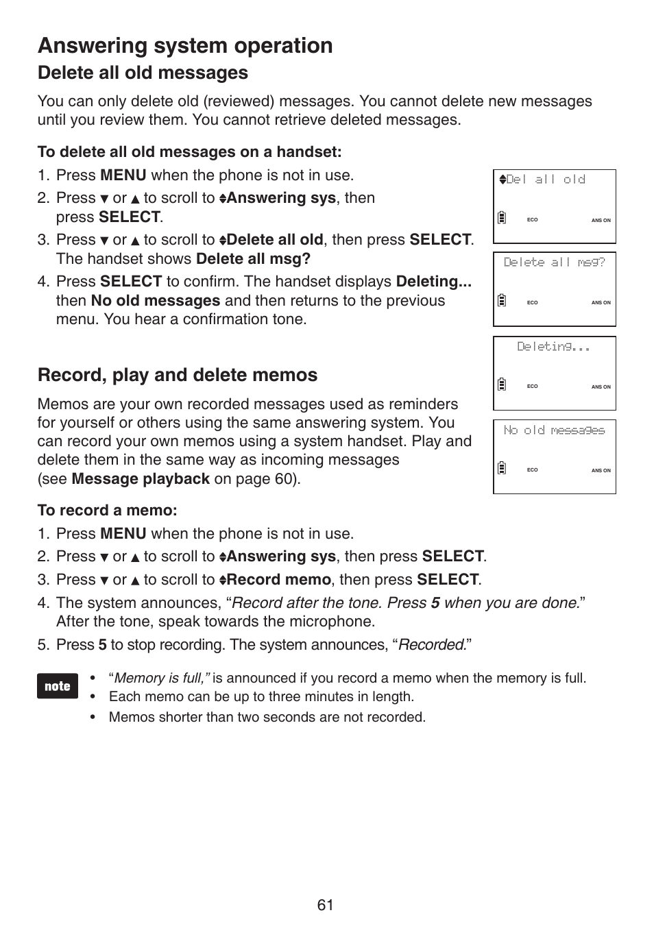 Answering system operation, Delete all old messages | VTech LS6191_-13-15-16-17 Manual User Manual | Page 65 / 94