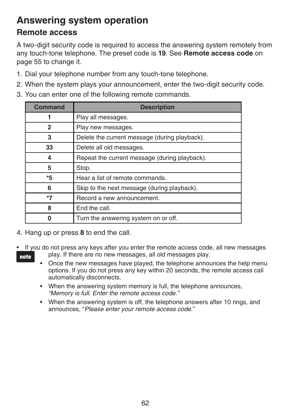 Remote access, Answering system operation | VTech LS6191_-13-15-16-17 Manual User Manual | Page 66 / 94