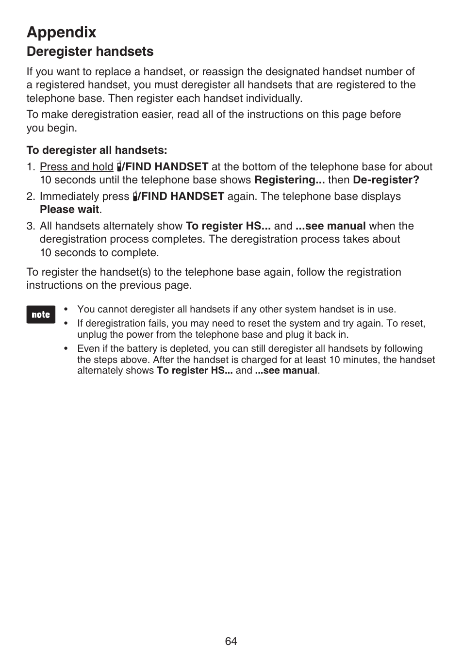 Deregister handsets, Appendix | VTech LS6191_-13-15-16-17 Manual User Manual | Page 68 / 94