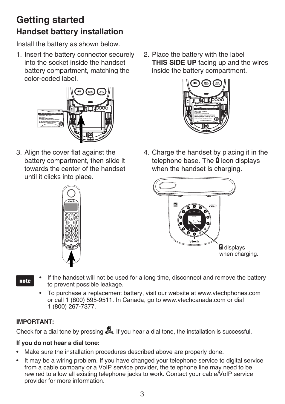 Battery installation, Handset battery installation, Getting started | Install the battery as shown below | VTech LS6191_-13-15-16-17 Manual User Manual | Page 7 / 94