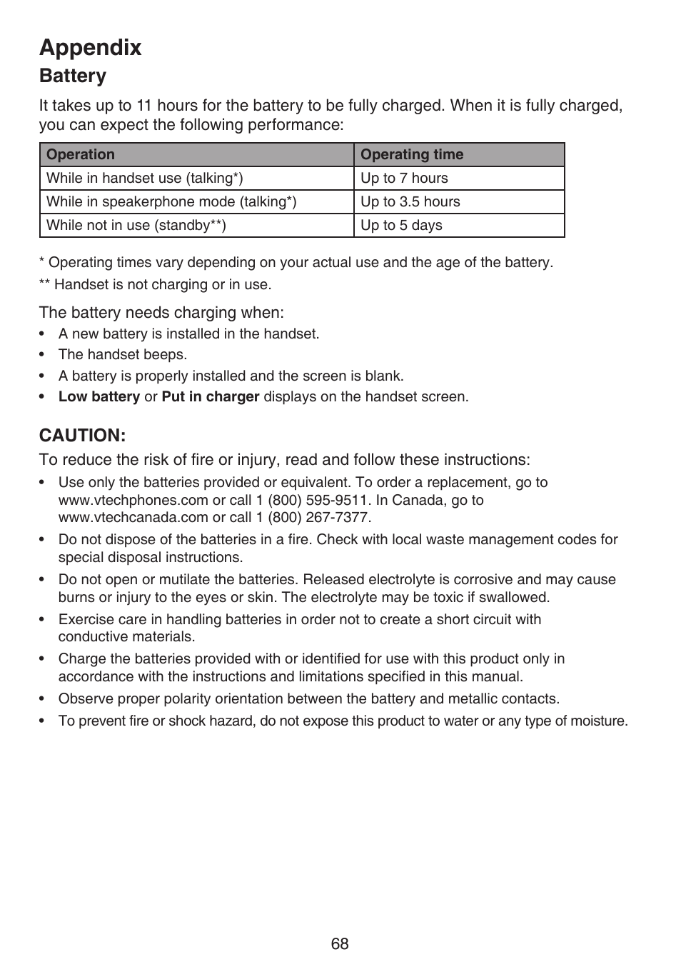 Battery, Appendix | VTech LS6191_-13-15-16-17 Manual User Manual | Page 72 / 94