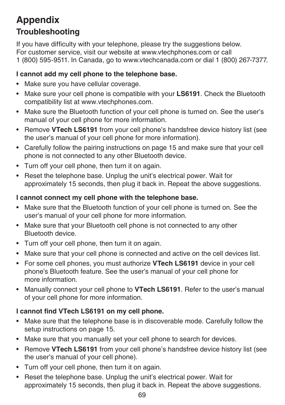 Troubleshooting, Appendix | VTech LS6191_-13-15-16-17 Manual User Manual | Page 73 / 94