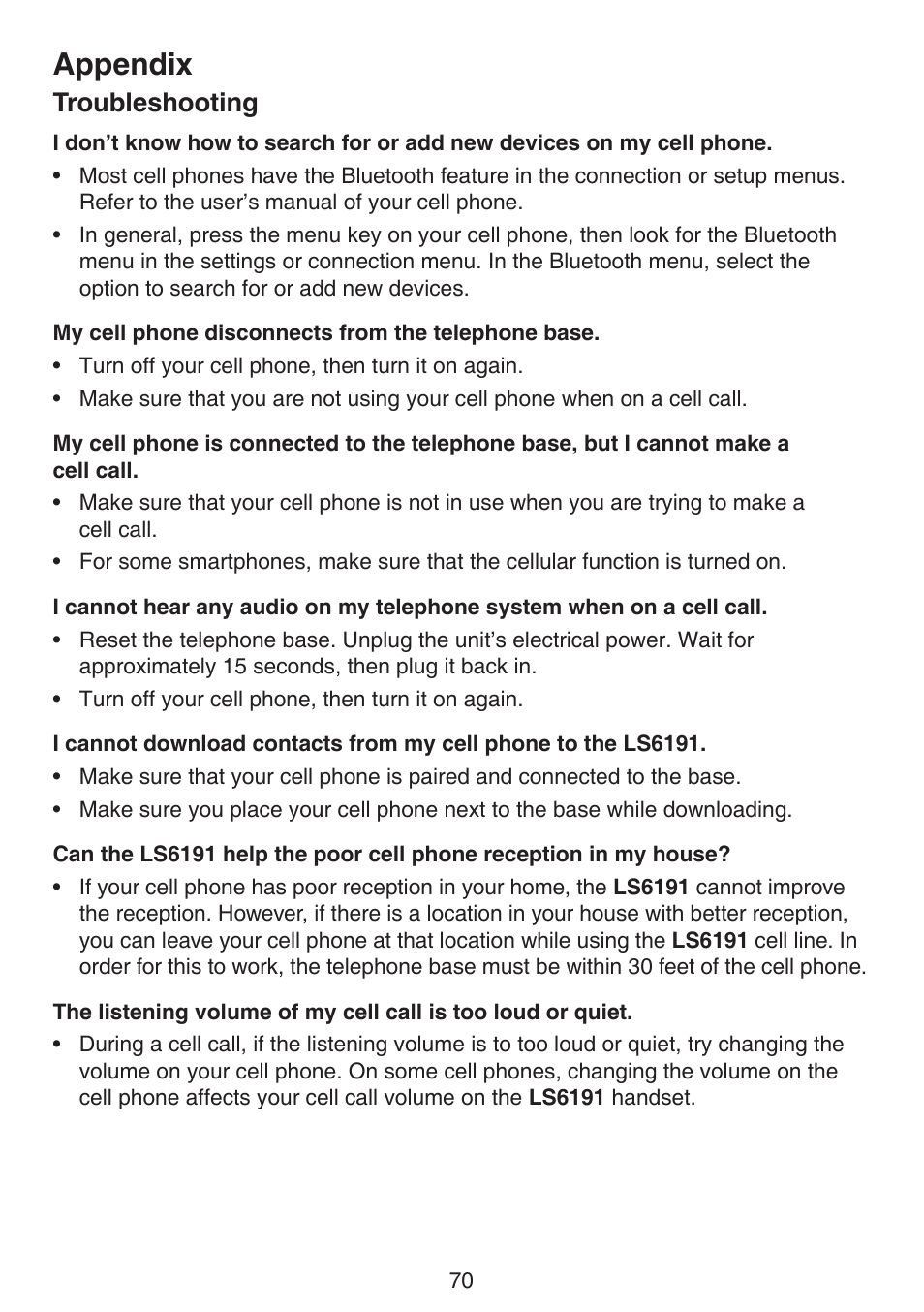 Appendix, Troubleshooting | VTech LS6191_-13-15-16-17 Manual User Manual | Page 74 / 94