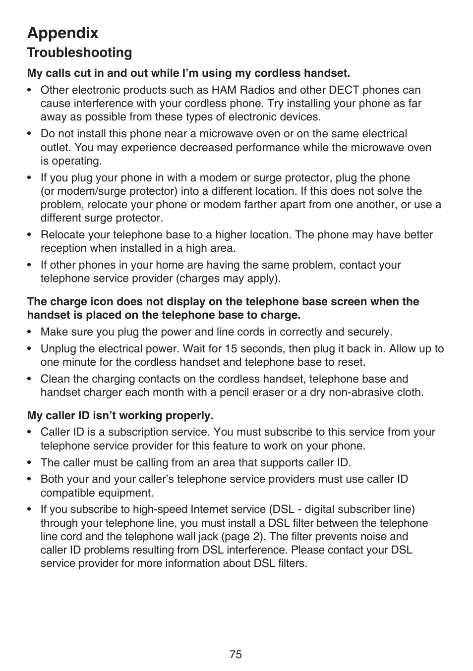 Appendix, Troubleshooting | VTech LS6191_-13-15-16-17 Manual User Manual | Page 79 / 94