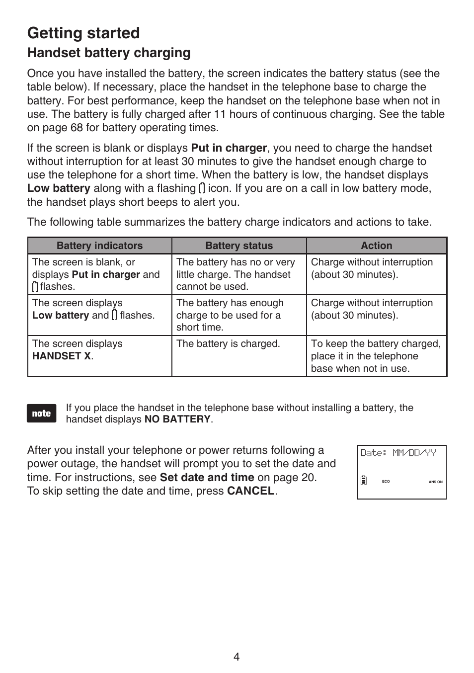 Handset battery charging, Getting started | VTech LS6191_-13-15-16-17 Manual User Manual | Page 8 / 94