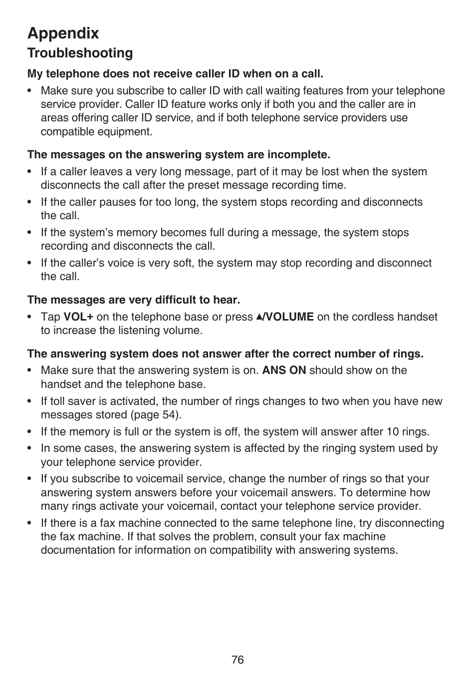 Appendix, Troubleshooting | VTech LS6191_-13-15-16-17 Manual User Manual | Page 80 / 94