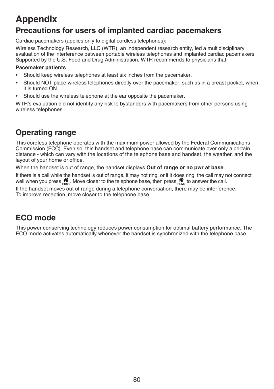 Precautions for users of implanted, Cardiac pacemakers, Operating range eco mode | Appendix, Operating range, Eco mode | VTech LS6191_-13-15-16-17 Manual User Manual | Page 84 / 94