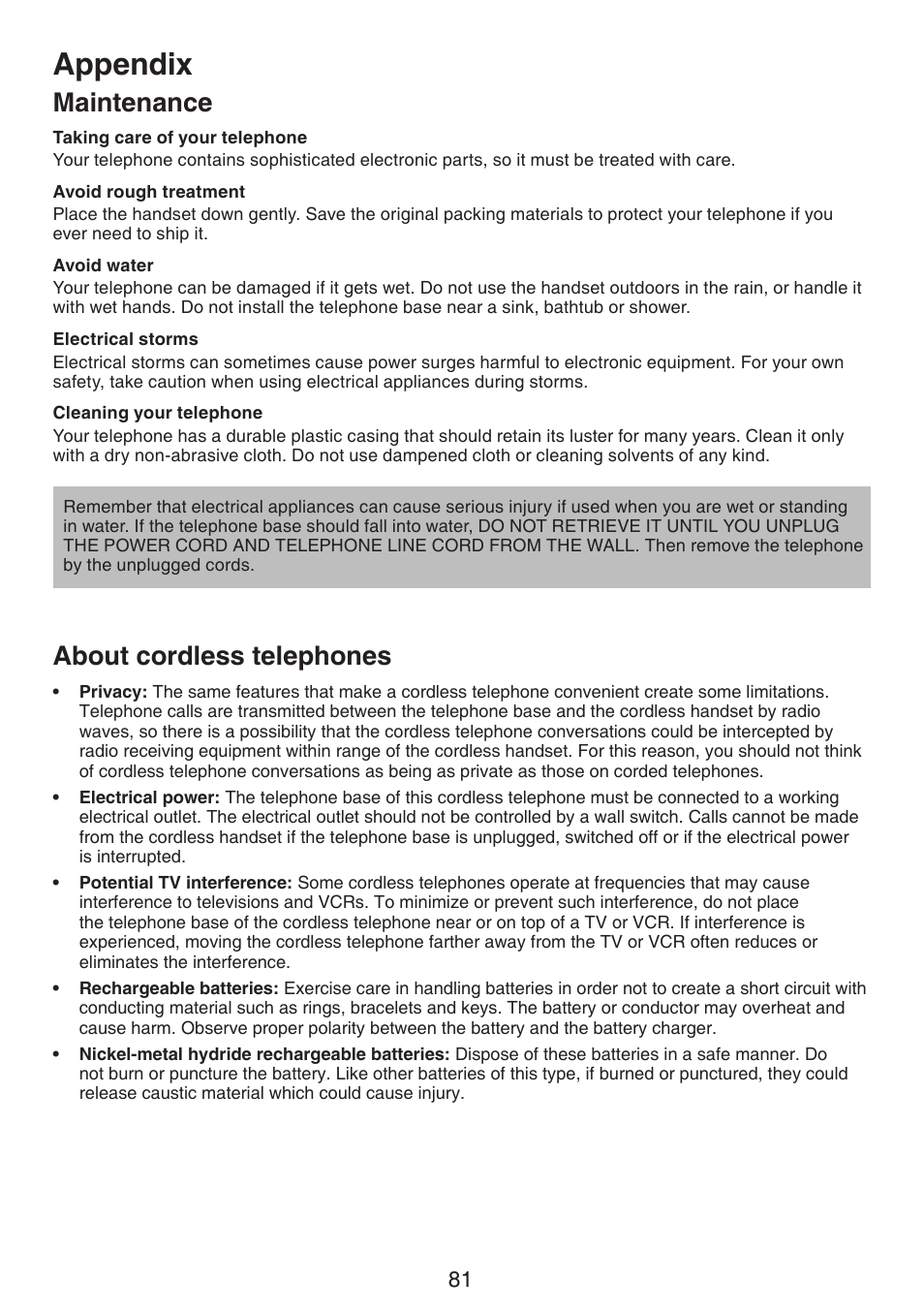 Maintenance about cordless telephones, Appendix, Maintenance | About cordless telephones | VTech LS6191_-13-15-16-17 Manual User Manual | Page 85 / 94
