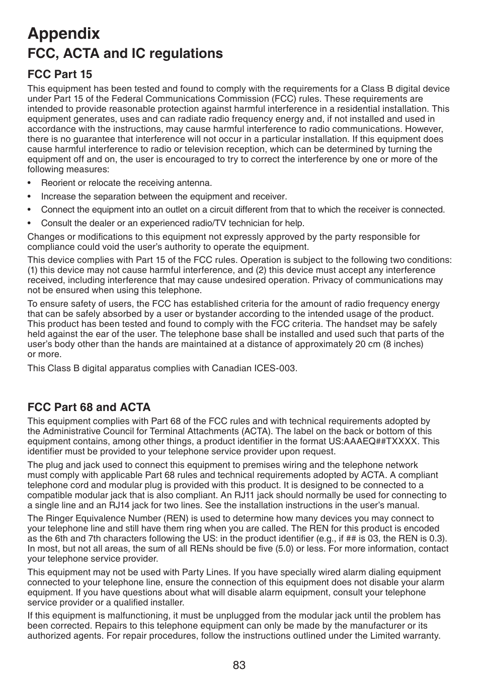 Fcc, acta and ic regulations, Fcc part 15, Fcc part 68 and acta | Appendix | VTech LS6191_-13-15-16-17 Manual User Manual | Page 87 / 94