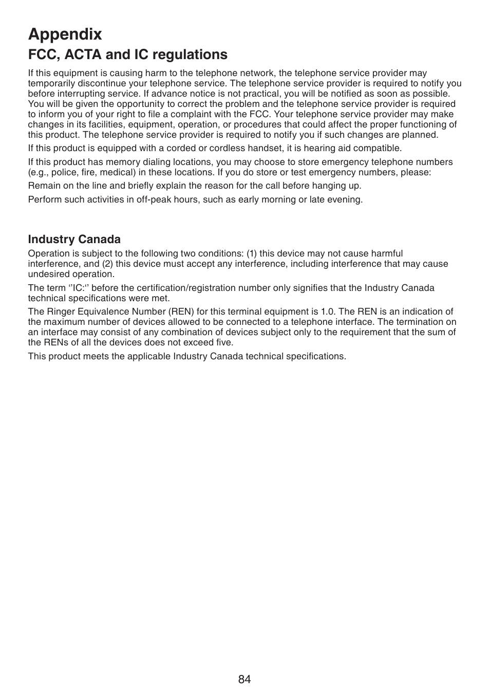 Industry canada, Appendix, Fcc, acta and ic regulations | VTech LS6191_-13-15-16-17 Manual User Manual | Page 88 / 94