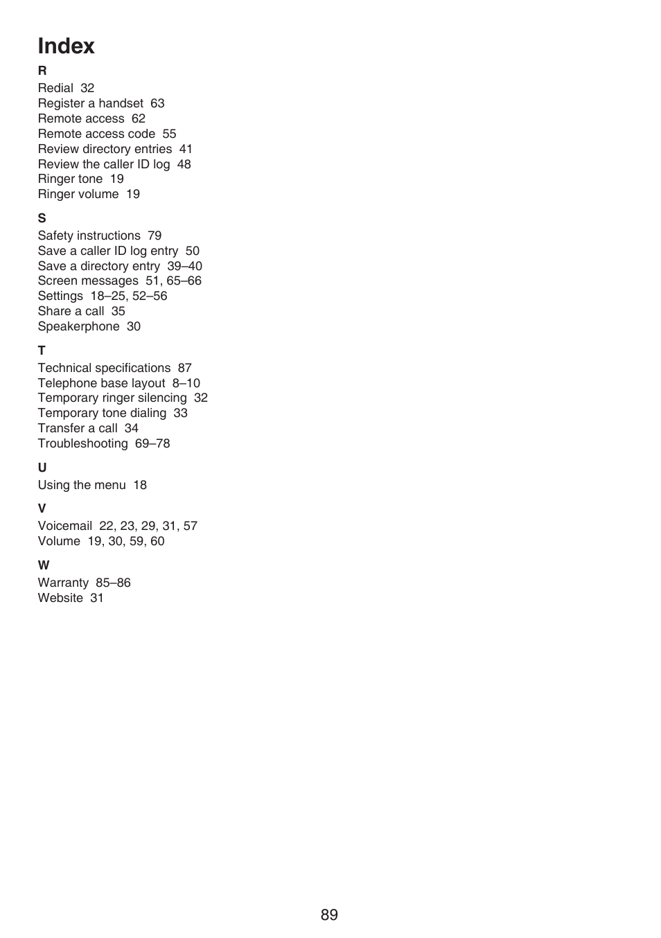 Index | VTech LS6191_-13-15-16-17 Manual User Manual | Page 93 / 94