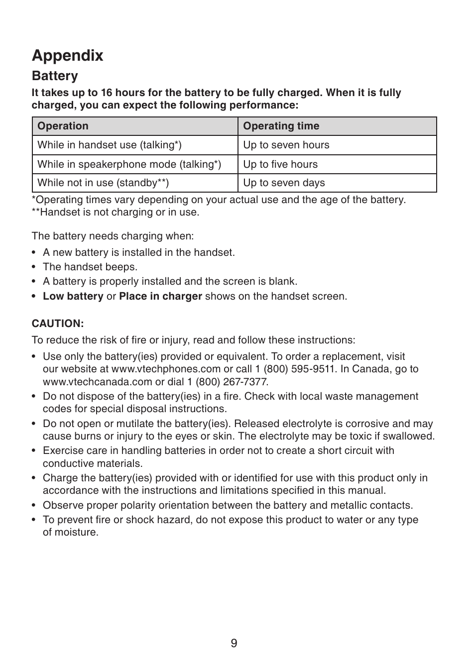 Appendix, Battery | VTech LS6305 Manual User Manual | Page 12 / 22