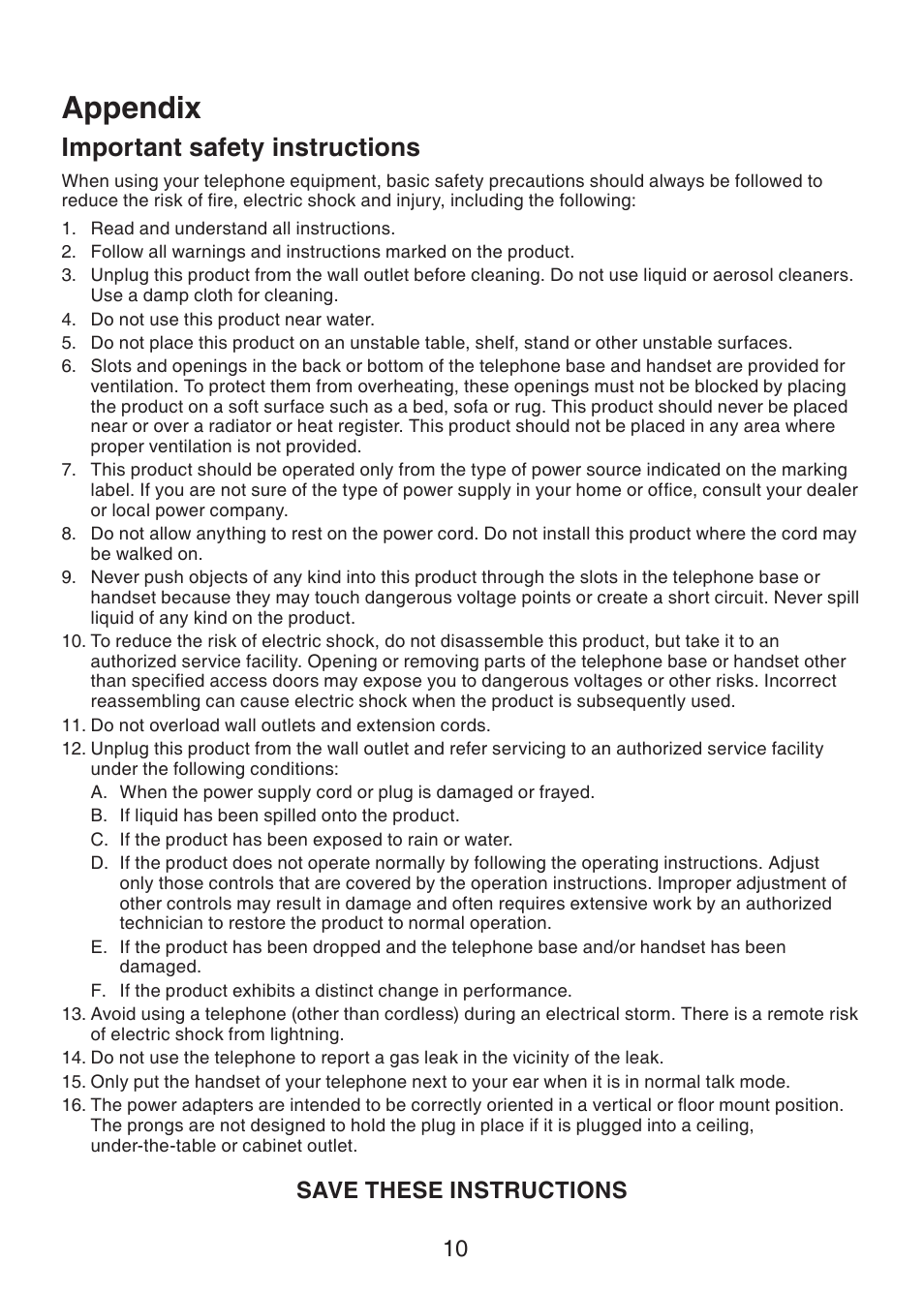 Appendix, Important safety instructions, Save these instructions | VTech LS6305 Manual User Manual | Page 13 / 22