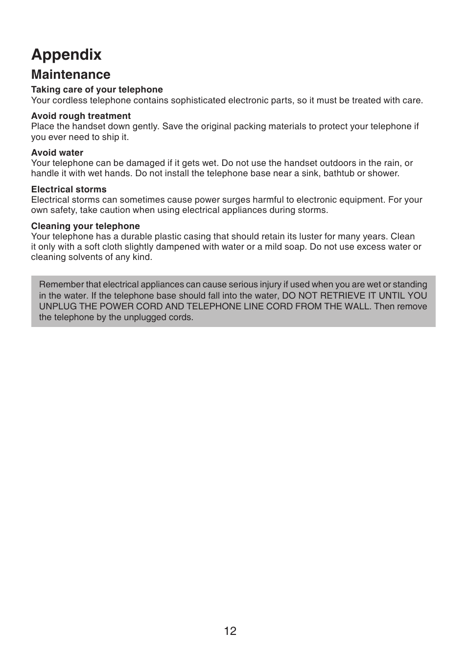 Appendix, Maintenance | VTech LS6305 Manual User Manual | Page 15 / 22