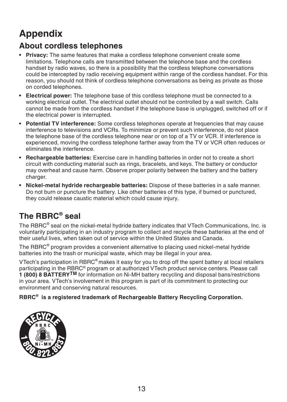 Appendix, About cordless telephones, The rbrc | Seal | VTech LS6305 Manual User Manual | Page 16 / 22