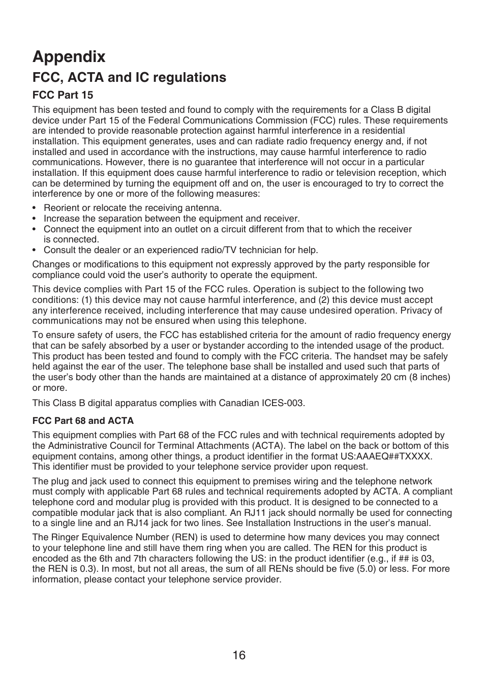 Appendix, Fcc, acta and ic regulations | VTech LS6305 Manual User Manual | Page 19 / 22