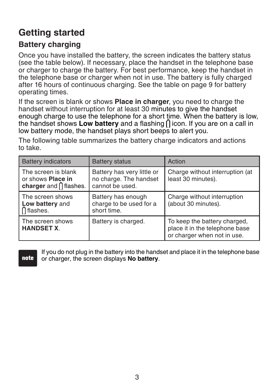 Getting started, Battery charging | VTech LS6305 Manual User Manual | Page 6 / 22