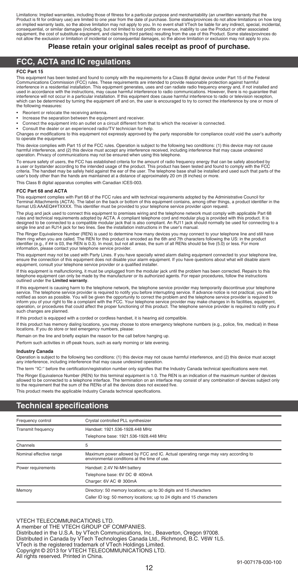 Fcc, acta and ic regulations, Technical specifications | VTech CS6759_-3 Abridged manual User Manual | Page 12 / 12