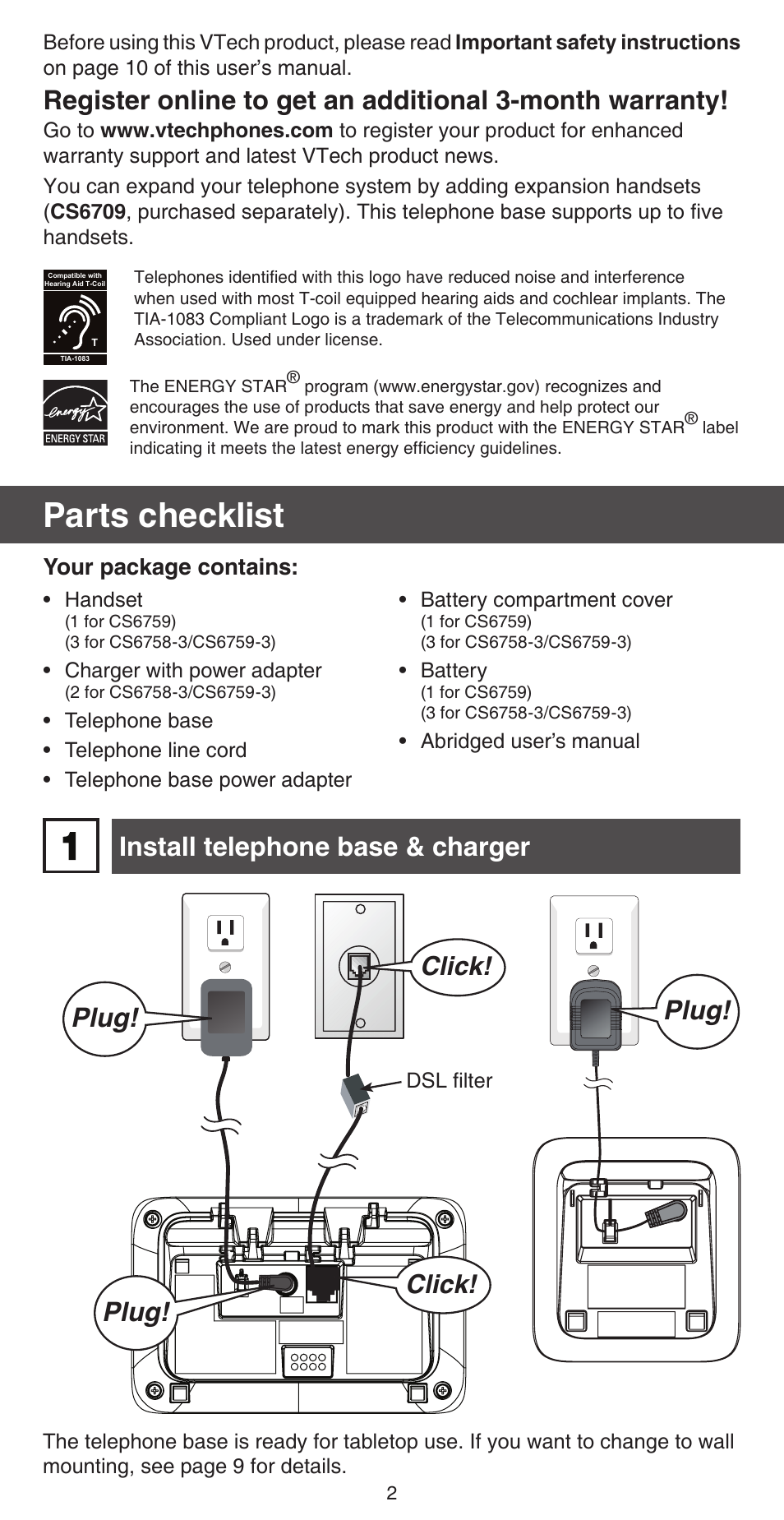 Parts checklist, Install telephone base & charger plug, Plug | Click | VTech CS6759_-3 Abridged manual User Manual | Page 2 / 12
