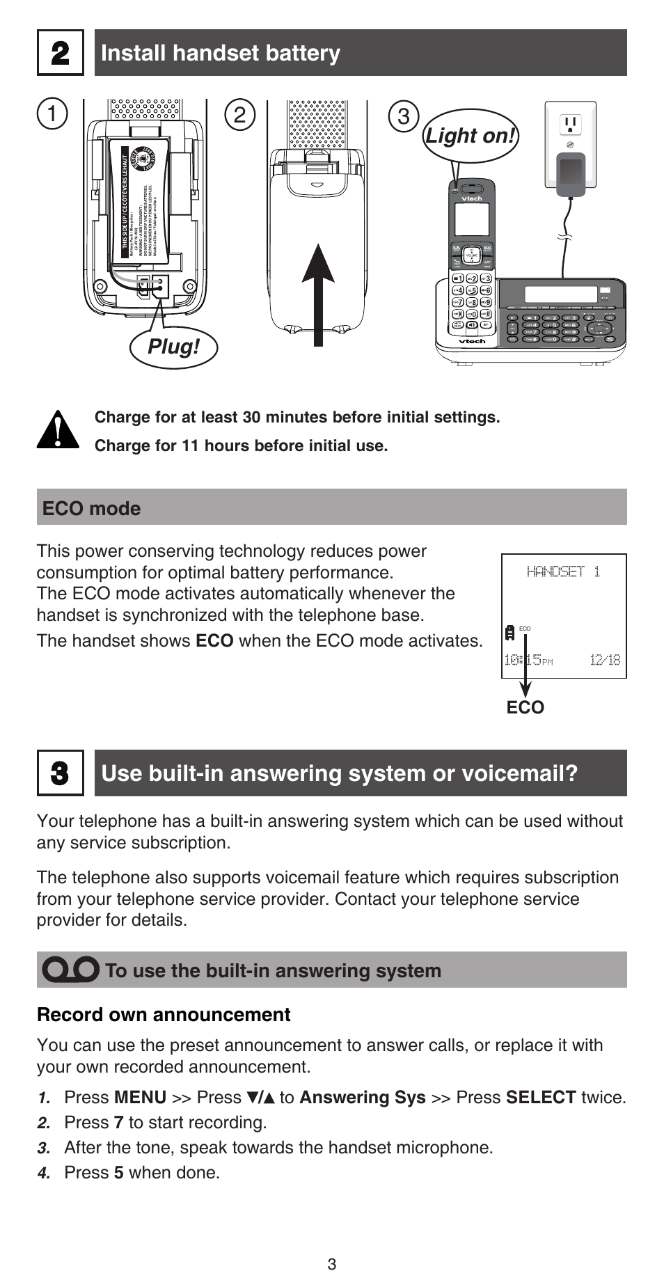 Install handset battery, Use built-in answering system or voicemail, Plug | Light on, Eco mode, Record own announcement | VTech CS6759_-3 Abridged manual User Manual | Page 3 / 12